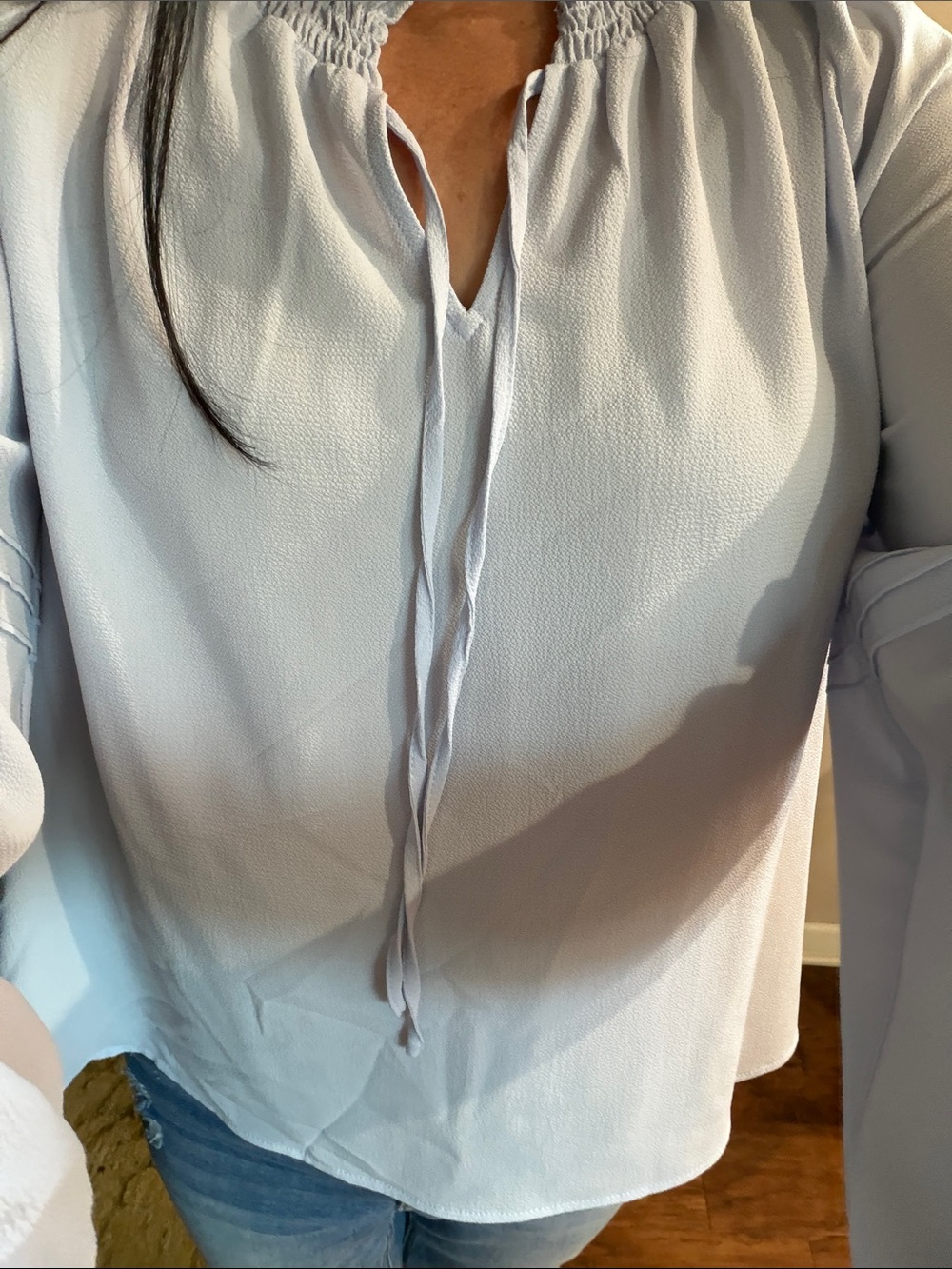 Elegant Light Blue Smocked Neck Blouse - Picture 14 of 15